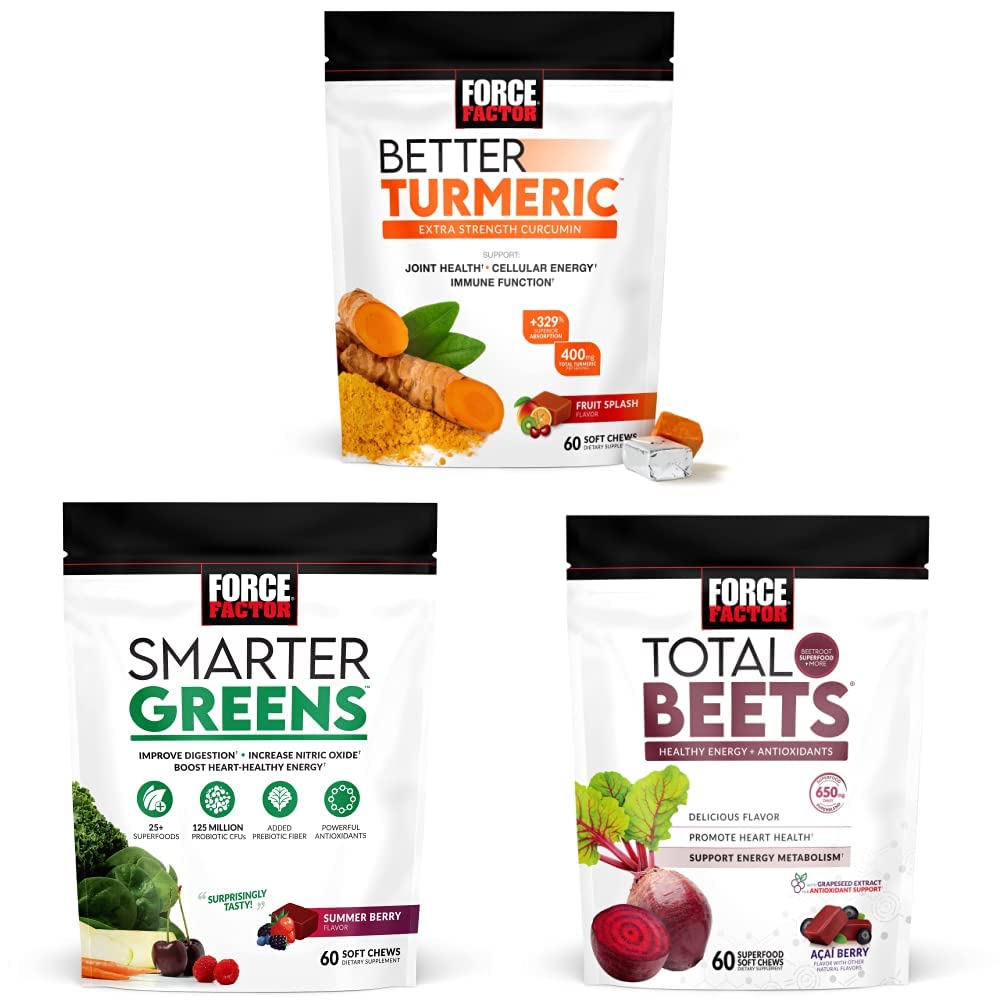 Force Factor Better Turmeric Joint Support Supplement & Smarter Greens Superfood Chews, 60 Soft Chews & Total Beets Soft Chews, 60 Chews