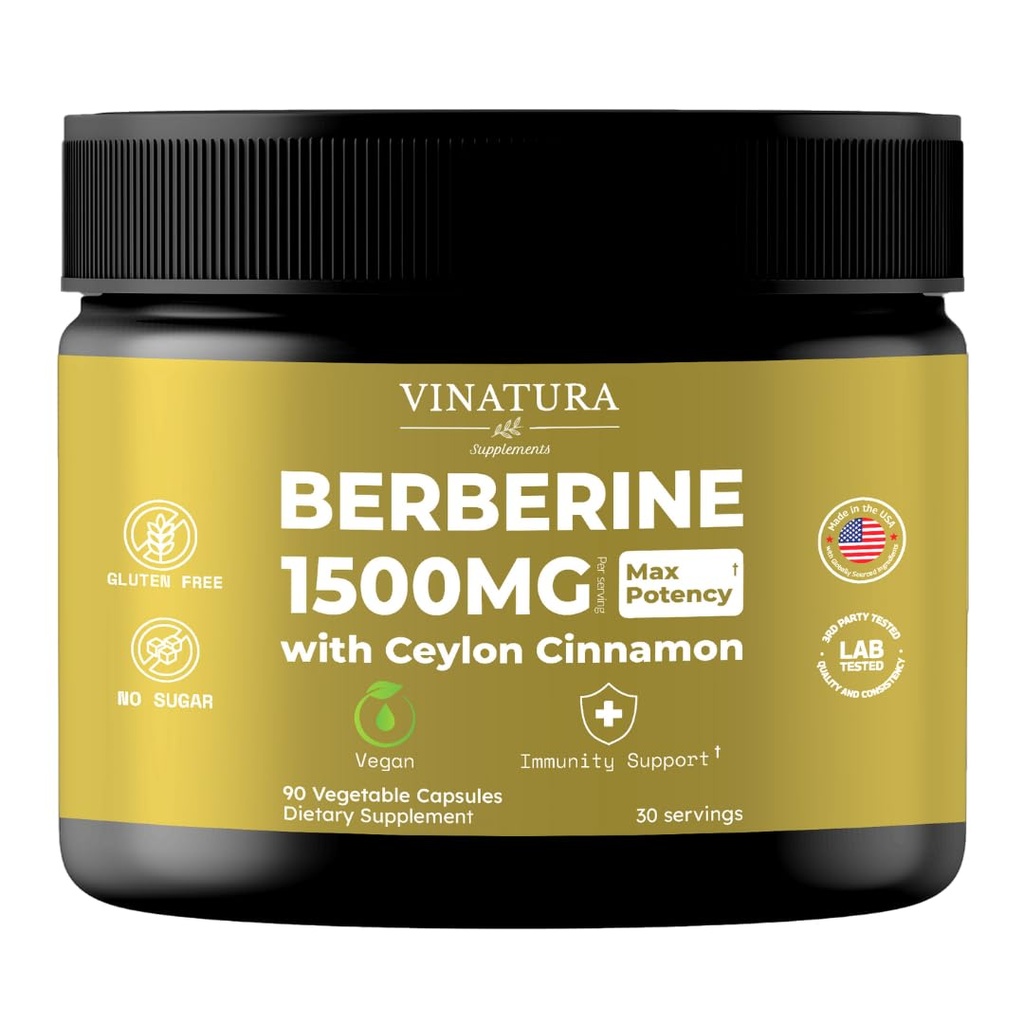 VINATURA Berberine 1500mg - セイロンシナモン、マックス効力ベルベリンHCL - 90カプセル