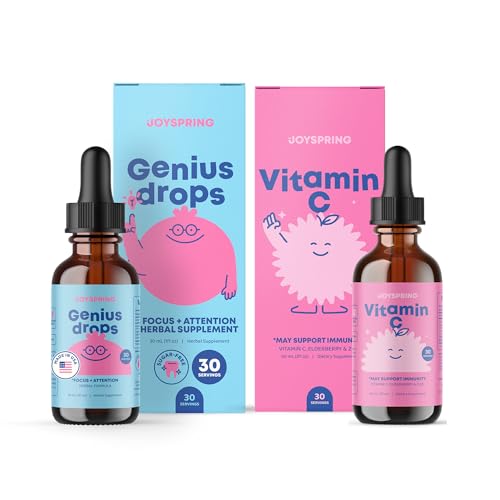 JoySpring Geniusドロップ&ビタミンC - 学校バックアップバンドル | 天然由来のビタミン、非GMO、非アルコール液式、免疫健康サポート | ビーガン&ベジタリアンサプリメントドロップ