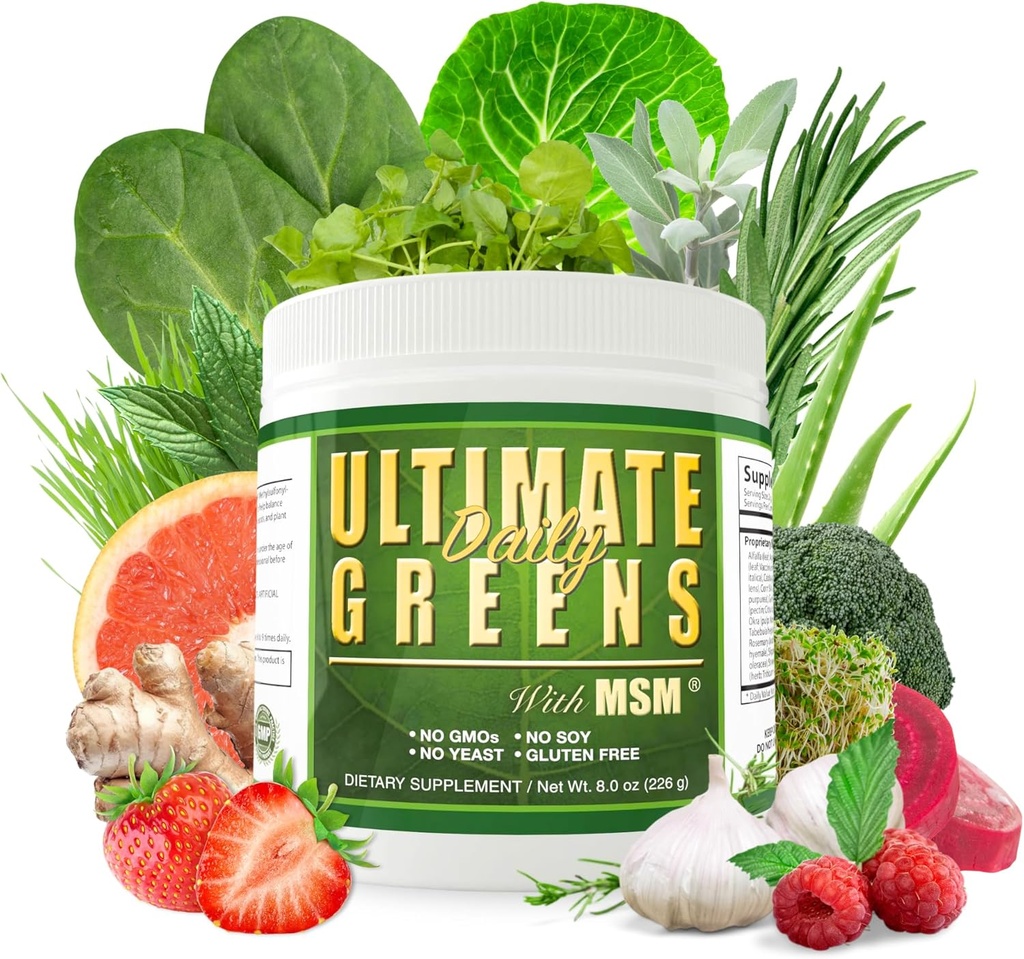 Daily Health, Ultimate Greens with MSM Powder, Vegan Friendly Natural Ingredients Gluten Soy Free NO GMO Superfood Vegetable Nutritional Drink Alkalizing Energy 8oz 1 Pack (1 Month Supply)