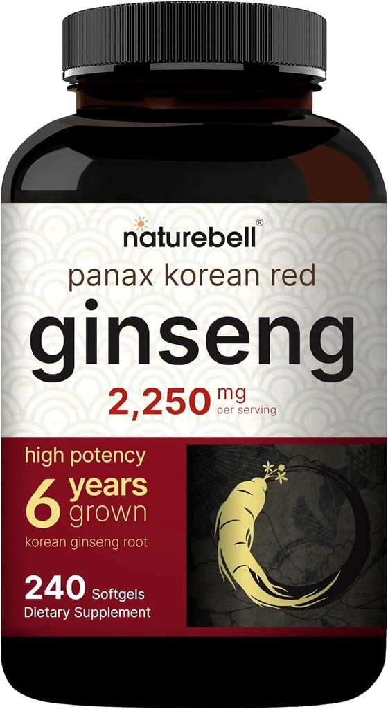 NatureBell Korea Red Ginseng 2,250mg/サービング、240 Softgels | Panax Ginseng Root、10% Ginsenoside、非GMO、サポート エネルギー、男性の性能、および免疫システムに標準化