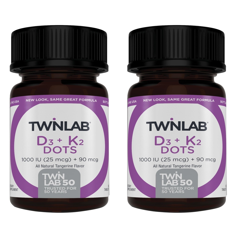 TwinlabビタミンD3 1000 + K2ドット - 骨と心の健康 - 免疫サポート - 25 mcg、60錠(1000 IU)(2パック)