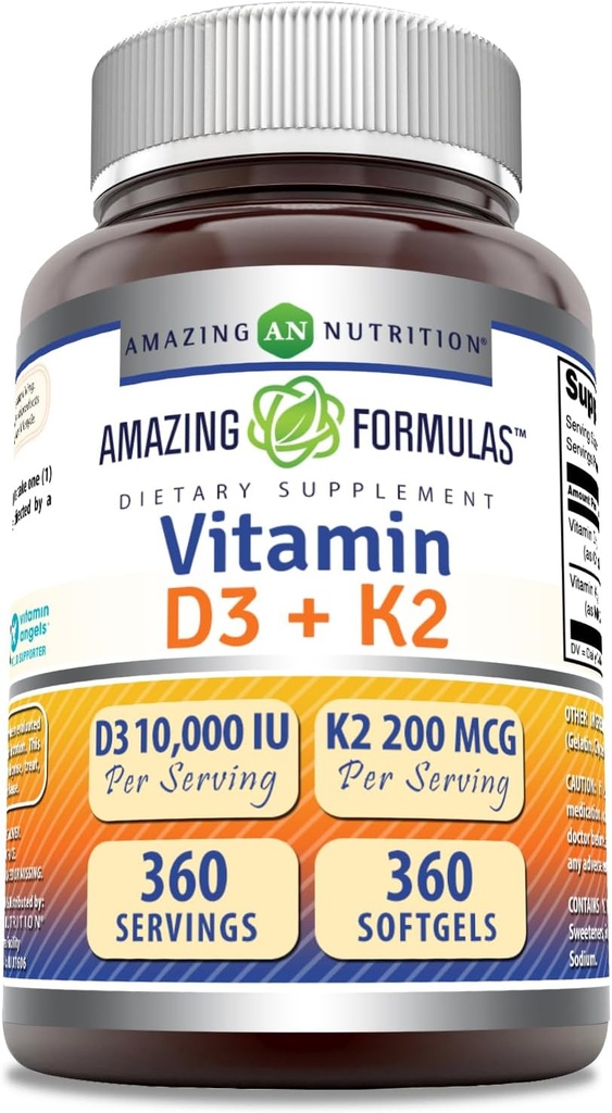 Amazing Formulas Vitamin D3 10000 IU with Vitamin K2 200 Mcg | D3 + K2 Complex Supplement | Non-GMO | Gluten-Free | Made in USA (1 Pack, 360 Count)