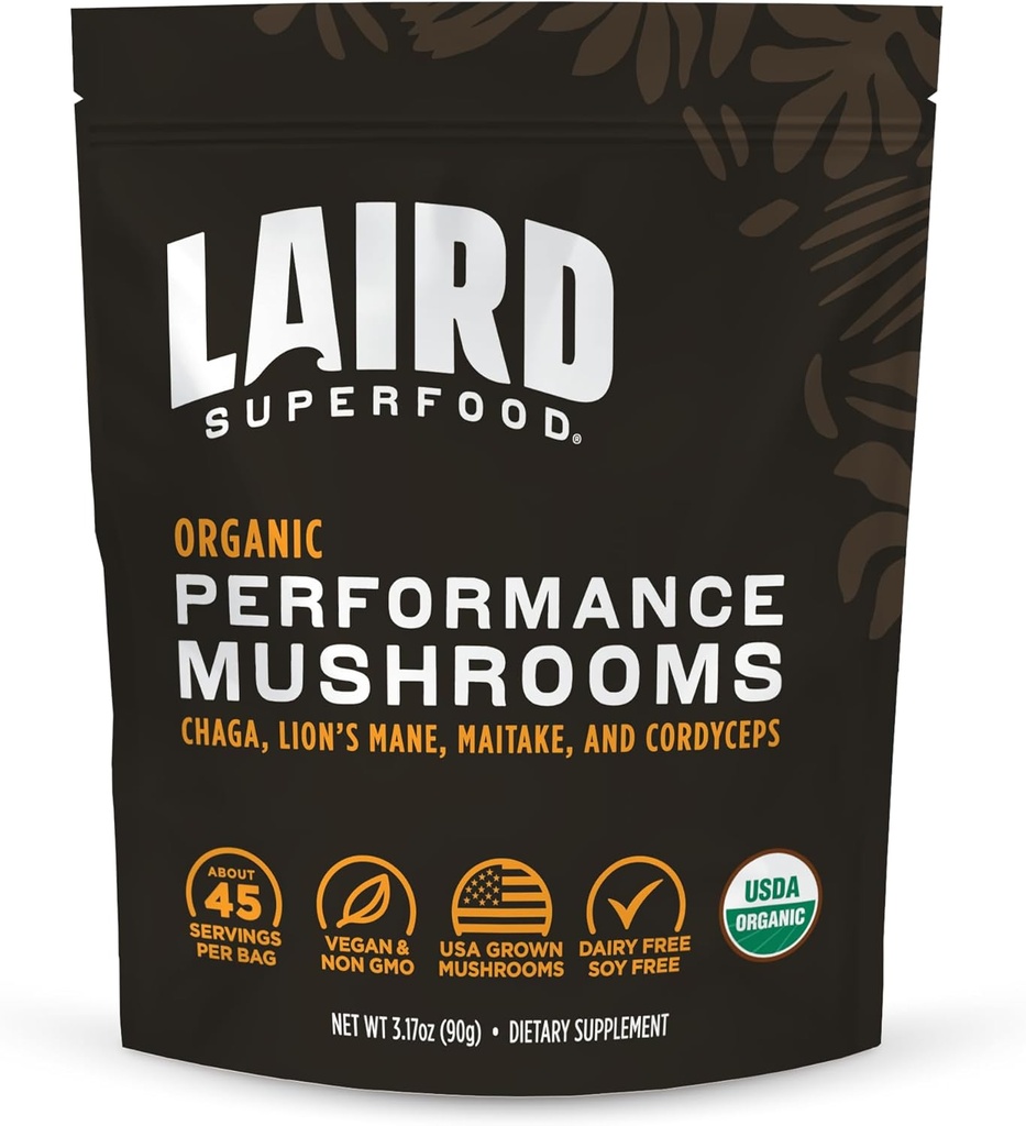 Laird Superfood オーガニック パフォーマンス キノコ ブレンド with チャガ, コーディセプ, ライオンズ マネ と Maitake エネルギーと認知のための, 3.17 oz. 袋、1のパック
