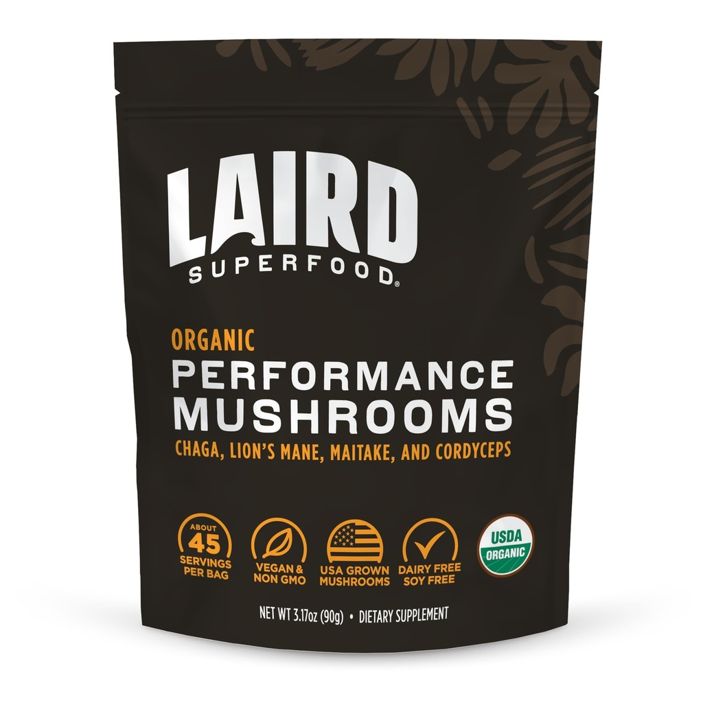 Laird Superfood オーガニック パフォーマンス キノコ ブレンド with チャガ, コーディセプ, ライオンズ マネ と Maitake エネルギーと認知のための, 3.17 oz. 袋、1のパック