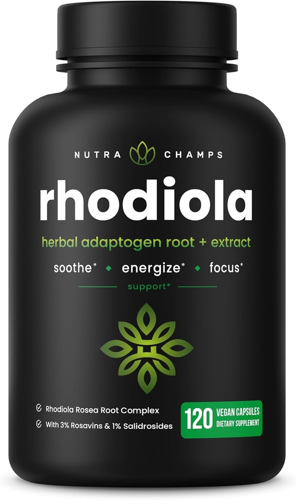 Rhodiola Rosea Supplement 600mg | 120 ビーガンカプセル | エネルギーのためのRhodiola Rosea抽出物, ストレス救済, 気分とフォーカス | Rosavin & Salidrosidesの適応性根 | 300 mgの丸薬 NutraChamps