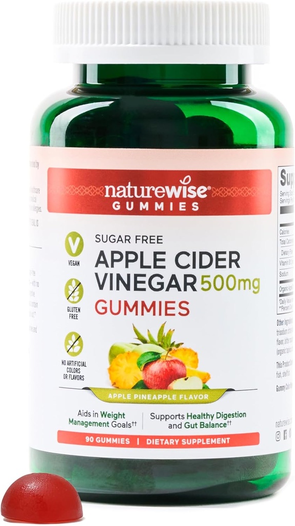 NatureWise Apple Cider Vinegar ACV Gummies - 1000mg ACV / 2、砂糖無料、ビーガン - エネルギー&ガット健康 - ACV Gummies W /ビタミンB12-90グミー[1000mg / 3ヶ月間の供給500mg]