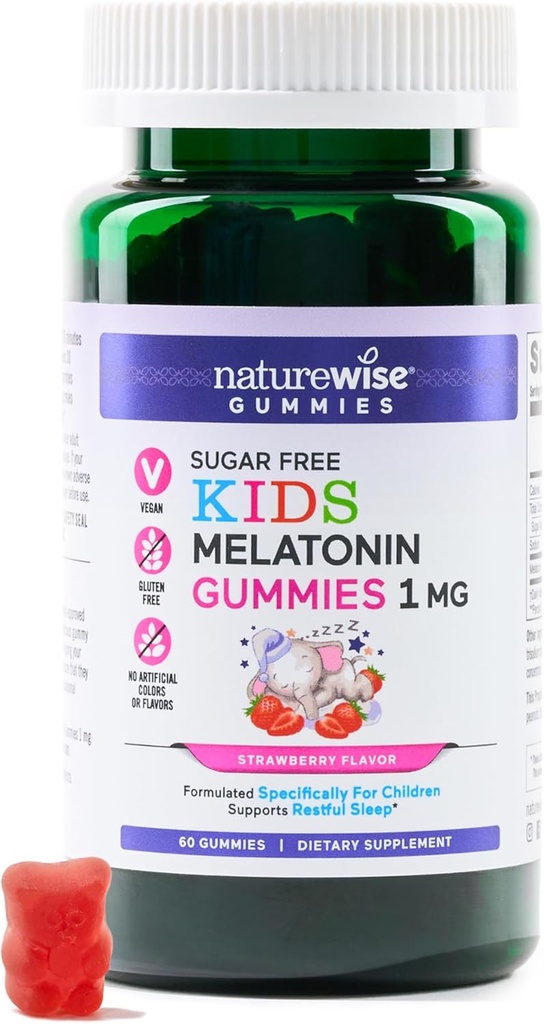 NatureWiseキッズメラトニン1mgの子供の年齢のための砂糖フリーグミ4&アップ - 睡眠補助食品のノンハビット - ビーガン、グルテンフリー、非GMO - 60カウント[2ヶ月の供給]