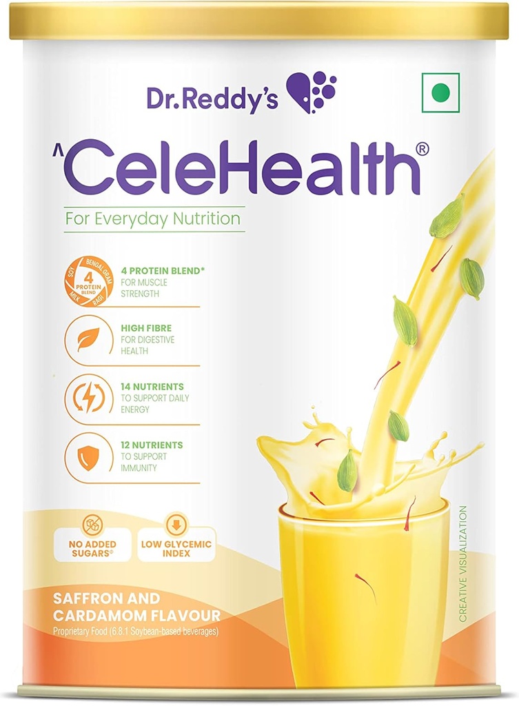 Dr. ReddyのCelehealthの栄養飲み物、毎日の使用のための蛋白質の補足、低いGlycemicの索引、ゼロは砂糖、サフランおよびCardamonの味、400g、黄色を加えました