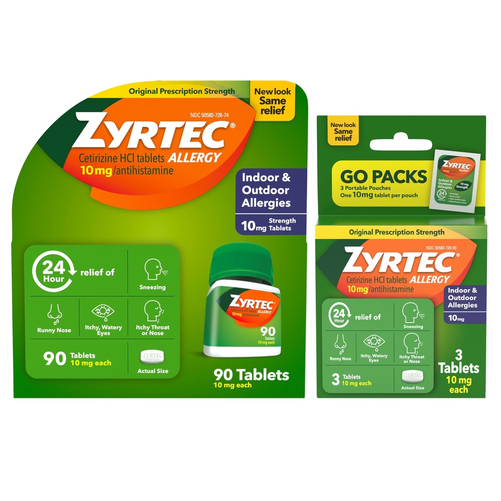 Zyrtec 24時間のアレルギーの救助のタブレット、10のmg Cetirizineの塩酸塩のAntihistamineの屋内及び屋外のアレルギーの薬、価値の束、90のctのびん及び3の1つのct旅行パック