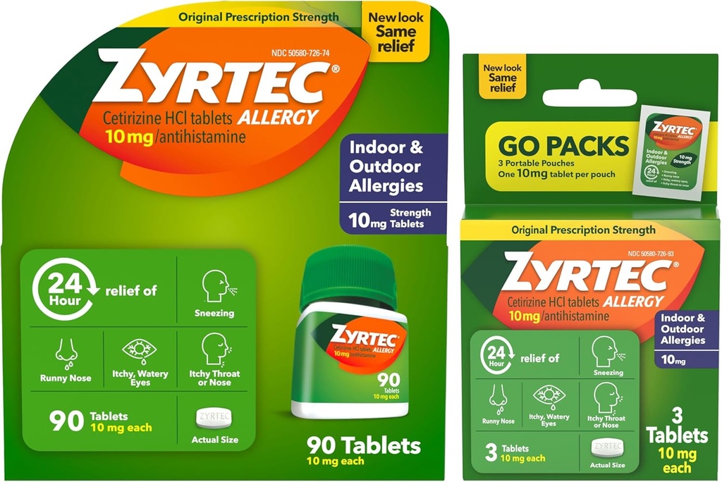 Zyrtec 24時間のアレルギーの救助のタブレット、10のmg Cetirizineの塩酸塩のAntihistamineの屋内及び屋外のアレルギーの薬、価値の束、90のctのびん及び3の1つのct旅行パック