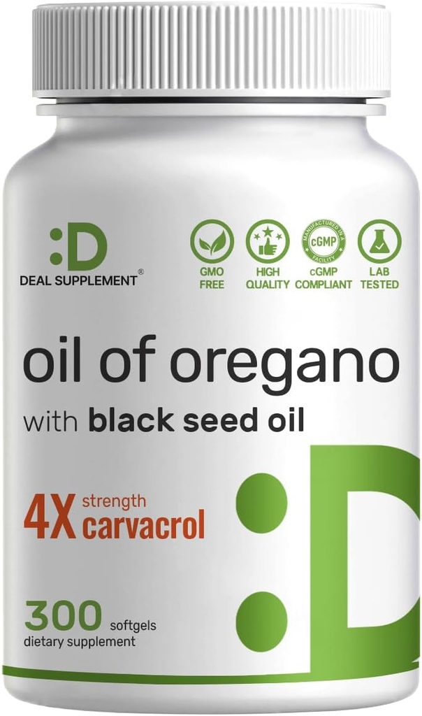 DEAL SUPPLEMENT Oil of Oregano Softgels with Black Seed Oil 300 Count – 30:1 Extract, Active Carvacrol & Thymoquinone – Antioxidant Immune Health Support – Plant Based, Non-GMO