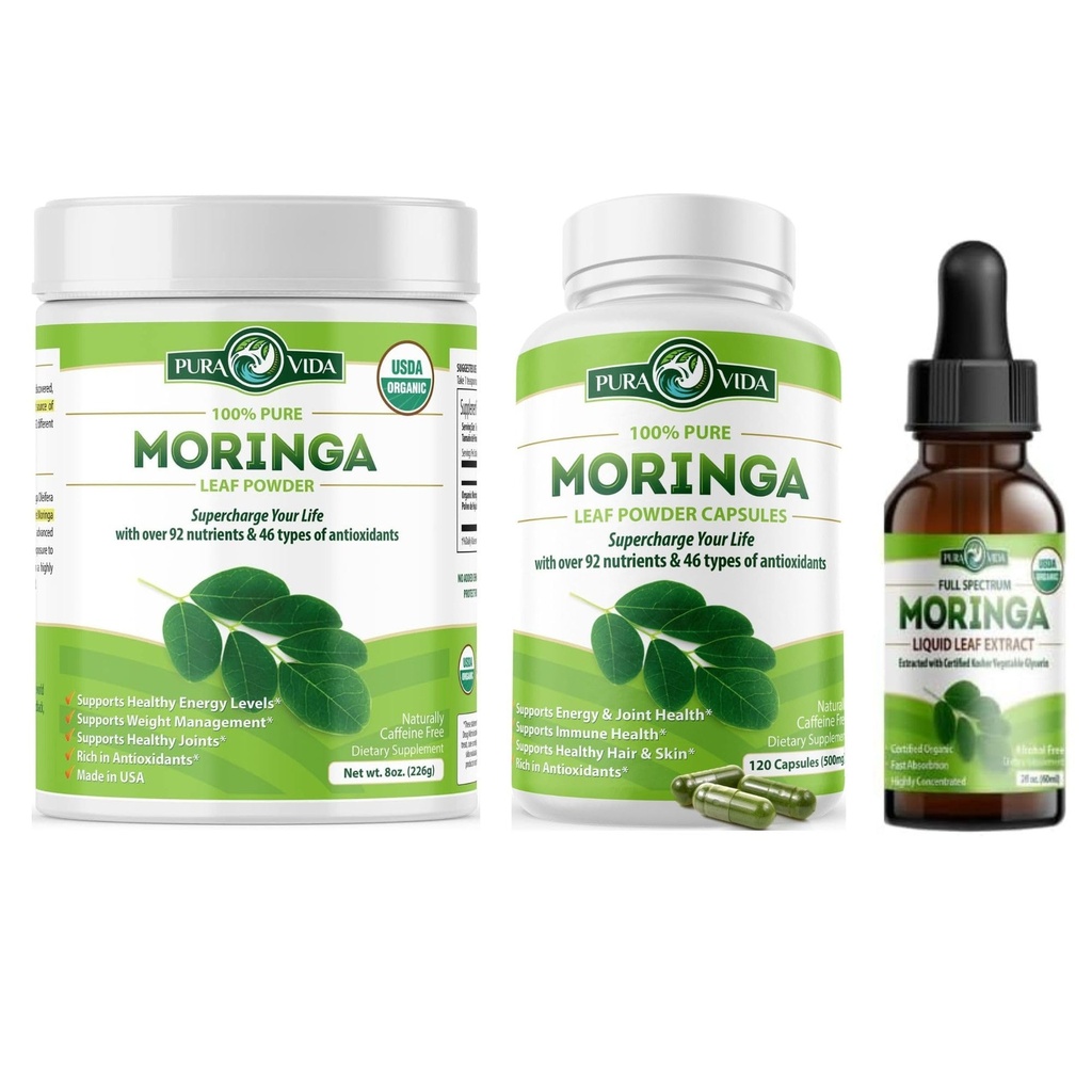 PURA VIDA MORINGAの粉8のozのカプセル(120の計算)およびMoringaの葉のエキスの低下(2flのoz)