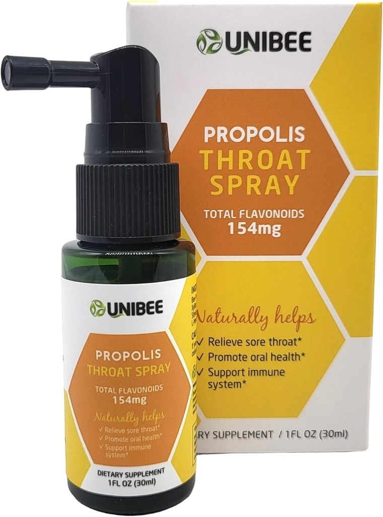 UNIBEE プロポリス 喉のスプレー(総フラボノイド154mg) - 痛みの軽減、経口健康増進、自然免疫サポート、アルコールフリー&水溶性プロポリス