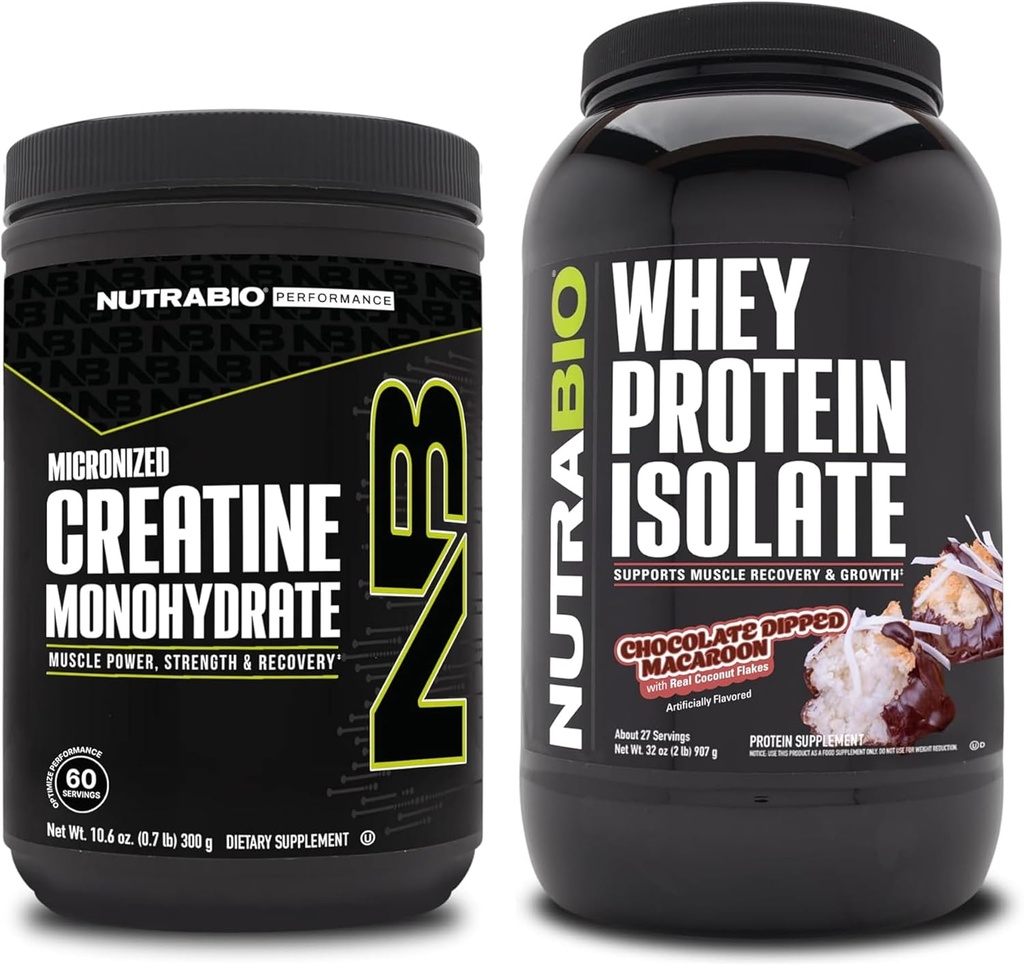 NutraBioクレアチンモノハイドレート、非風味、300gとウィープロテインアイソレート、チョコレートディップマカロン、サプリメントバンドル - 筋肉エネルギー、リーンマッスル成長、回復、強度