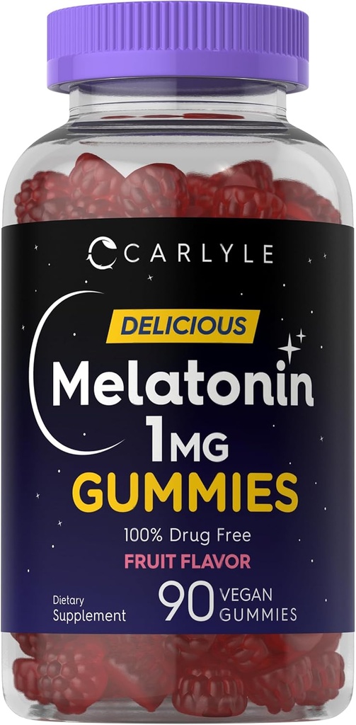 Carlyle Melatonin 1mg ガミー | 90 カウント | フルーツ風味のガーミー サプリメント | 完全菜食主義者の, 完全菜食主義者の, グルテンフリー