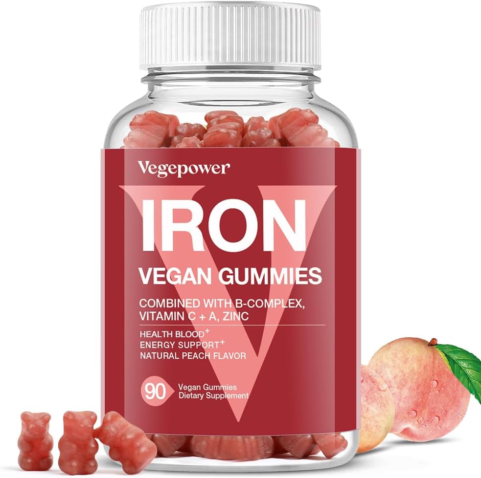 Vegan Iron Gummies Supplement - with Vitamin C, A, B-Complex, Folate, Zinc for Adults & Kids - Health Blood & Energy Support for Iron Deficiency, Anemia, No After Taste - Peach Flavor (90 Ct)