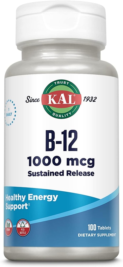 KAL Vitamin B12 1000mcg, Sustained Release Supplement for Healthy Energy, Metabolism, Heart Health, Nerve and Red Blood Cell Support, Long-Lasting Formula, Vegan, 100 Servings, 100 Tablets
