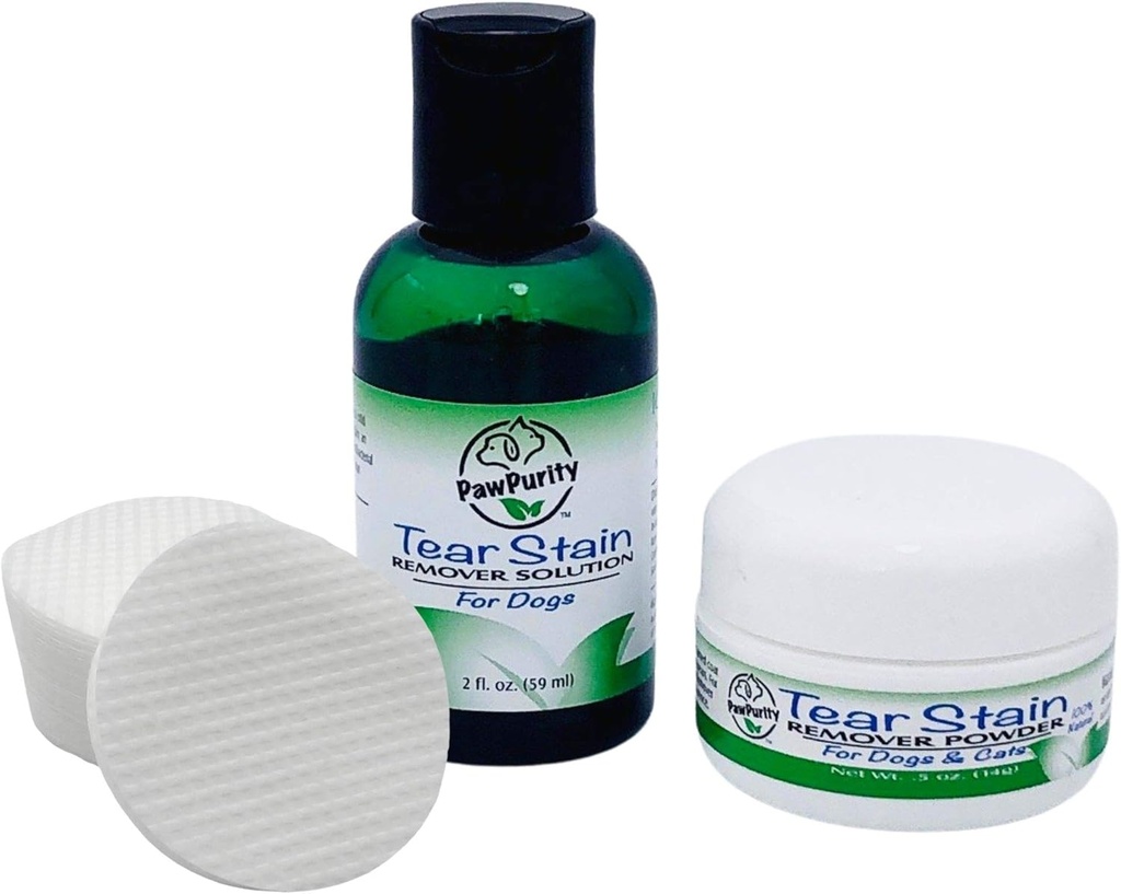 PawPurity Tear Stain Remover Starter Kit for Dogs | Tear Stain Remover Solution 2 oz, Powder .5oz と 30 アプリケーションパッド | 100% ナチュラル | 除去 約 7-10 日 (30-45 日供給)