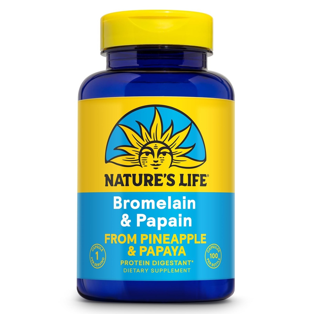 Nature's Life Bromelain & Papain | 消化器・快適性のためのプロテオリン酵素 | パイナップル&パパイヤ | 250mg Ea | 100 ベジタリアンカプセル