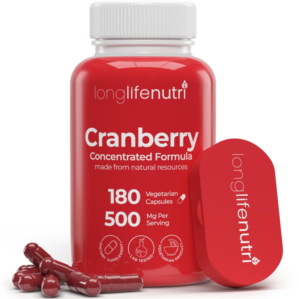 LongLifeNutriクランベリーエキス、ビタミンC&E - 純粋な濃縮式、サービングあたり500mg、180ベジタリアンカプセル、尿路の健康&膀胱、米国製6ヶ月の供給