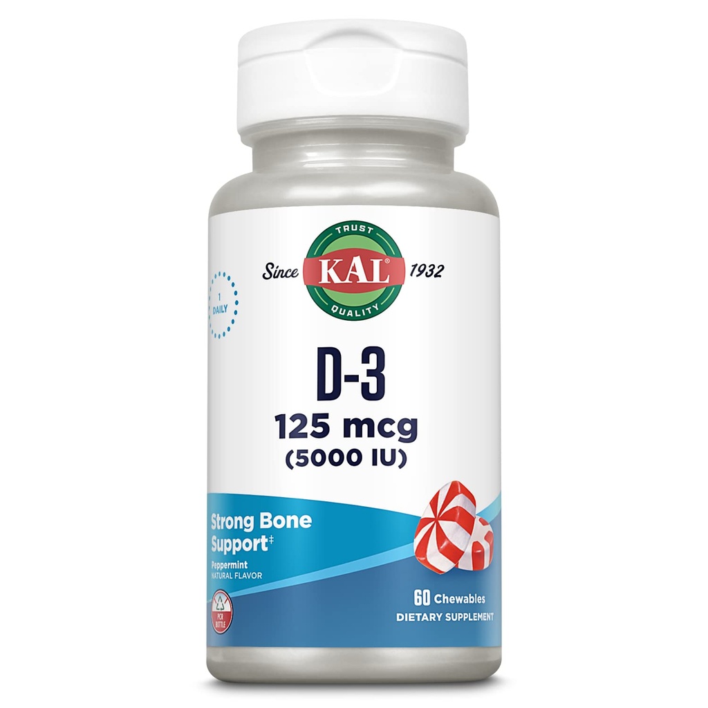 KALのビタミンD3 5000 IU 125のmcg、高い効力のビタミンDのChewables、カルシウム吸収、骨の健康および免疫サポート補足、自然なペパーミントの味、60日の保証、60のサービング、60の咀嚼
