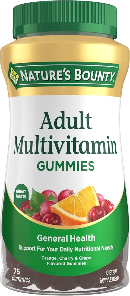 Nature's Bounty 大人 Multivitamin Gummies、ビタミンの補足、毎日の栄養の必要性、オレンジ、チェリーおよびブドウの味、75のガミー