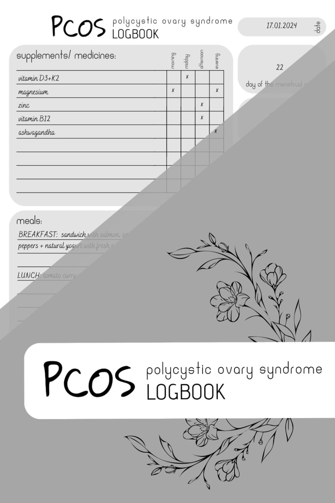 PCOS LOGBOOK:トラッカー、食事プランナー、期間トラッカー、150ページ、6x9 in、ミニマリストデザインを補完