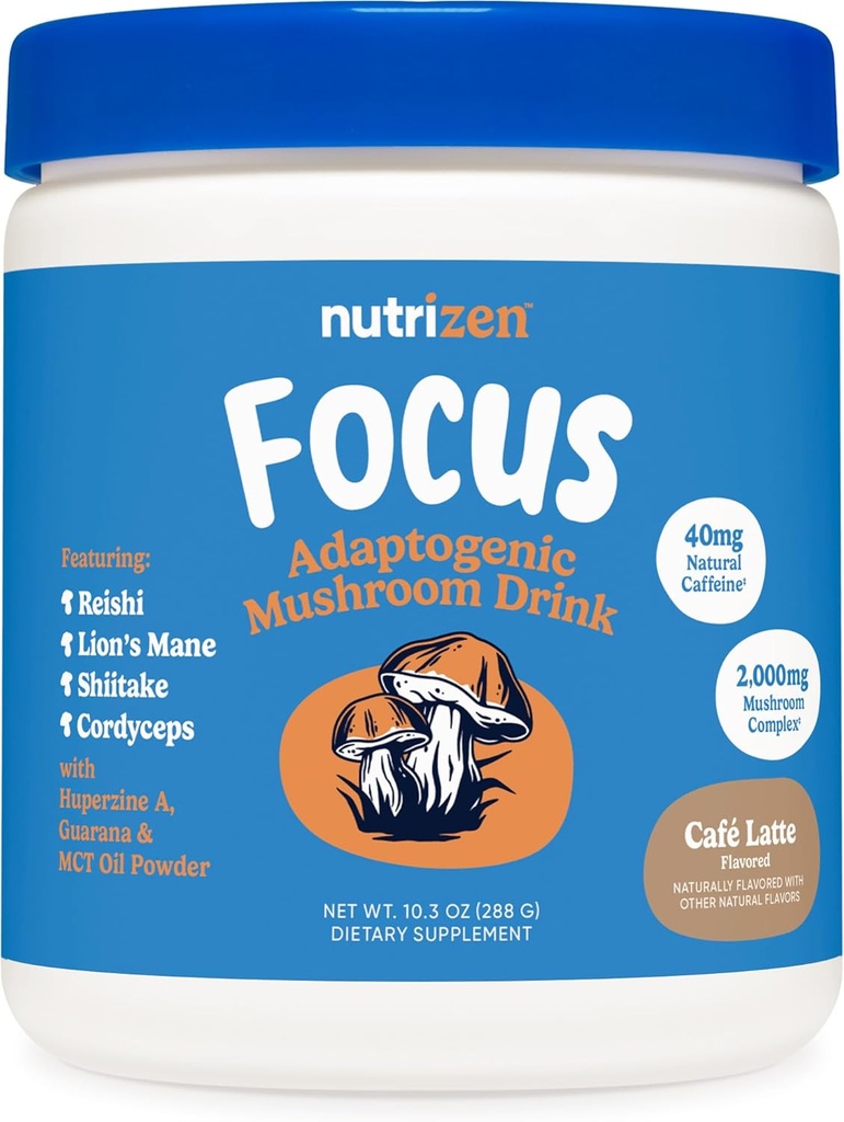 Nutricost Nutrizen AM 焦点適応性キノコドリンク(カフェラテ風味) 30 サービング - Reishi、ライオンのマネ、シイタケ、コルディプスが含まれています