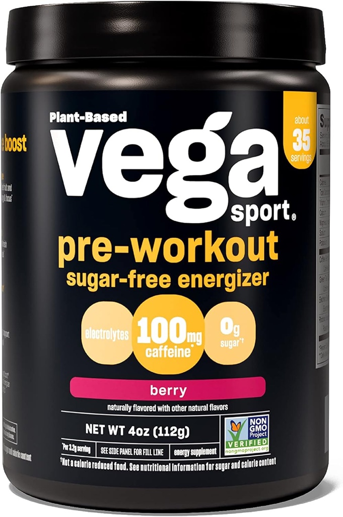 Vega Sport Sugar Free Pre-Workout Energizer, Berry - Pre Workout Powder for Women & Men, Supports Energy and Focus, Electrolytes, Vegan, Keto, Gluten Free, Non GMO, 4 oz