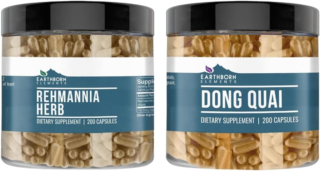 地球の要素 Rehmannia Herb と Dong Quai バンドル、200 カプセルそれぞれ、ピュア&無希釈、無添加