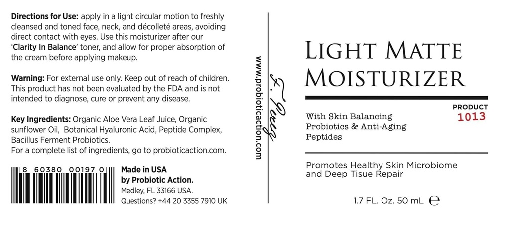 Probiotic Action® ライトマット保湿剤 - Probiotic は、Acne、Roscea、Eczema を防ぐのに役立ちます。 プロバイオティックとペプチドは、透明肌の輝き、柔らかさと堅さを維持します。