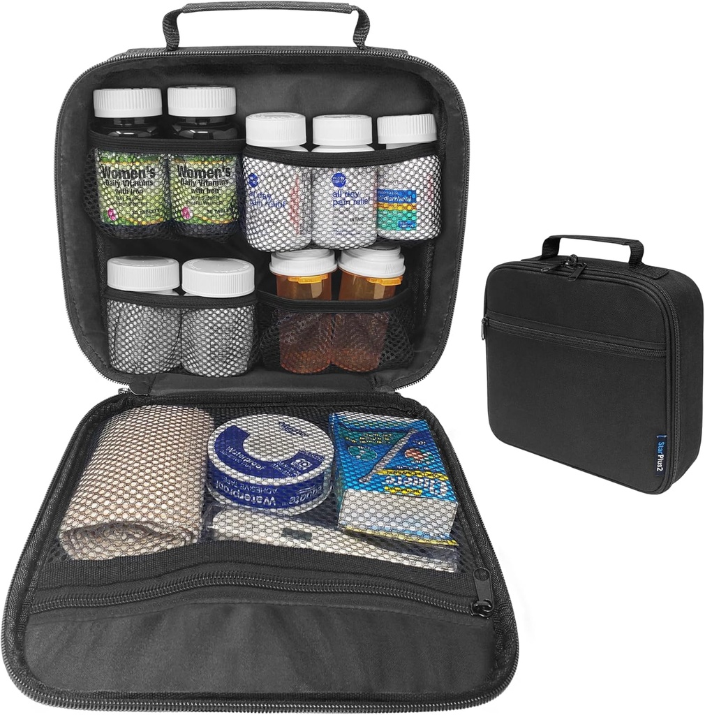 Medium Travel Pill Bottle Organizer, Medicine Bag, Carrier for Medications and Medical Supplies - Black (Without Lock)