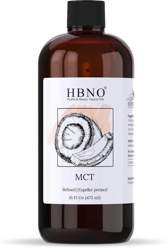HBNO California Bottled Coconut Mct Oil 16 fl oz (475ml) Value Size - Natural Mct Oil, Cold Pressed - Perfect Carrier for Massage, Aromatherapy - Ideal for Face, Body, Lips, & Hair