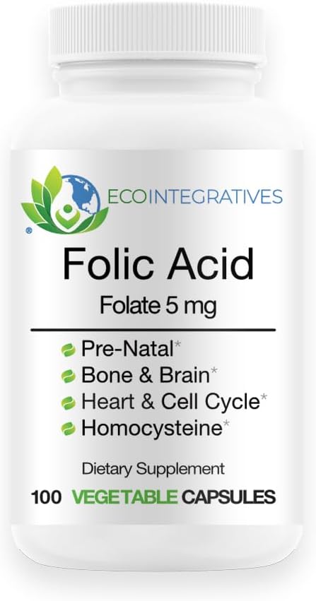 葉酸 Folate 5mg (B9) 胎児, 生殖健康, Homocysteine, Metabolism, 心血管, 骨, 免疫サポート, アレルゲンフリー, 非GMO - 100 ビーガンカプセル