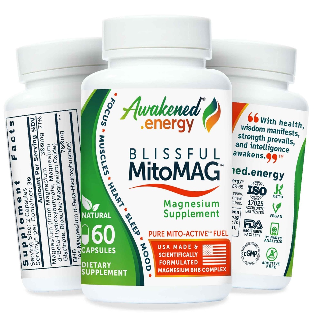 Blissful MitoMag - 300mg元素マグネシウム複合体:Mg Glycinate、Mg BHB - 睡眠筋肉気分エネルギー認知焦点カルム - すべての自然、米国製の、添加物なし - 60ビーガンカプセルサプリメント