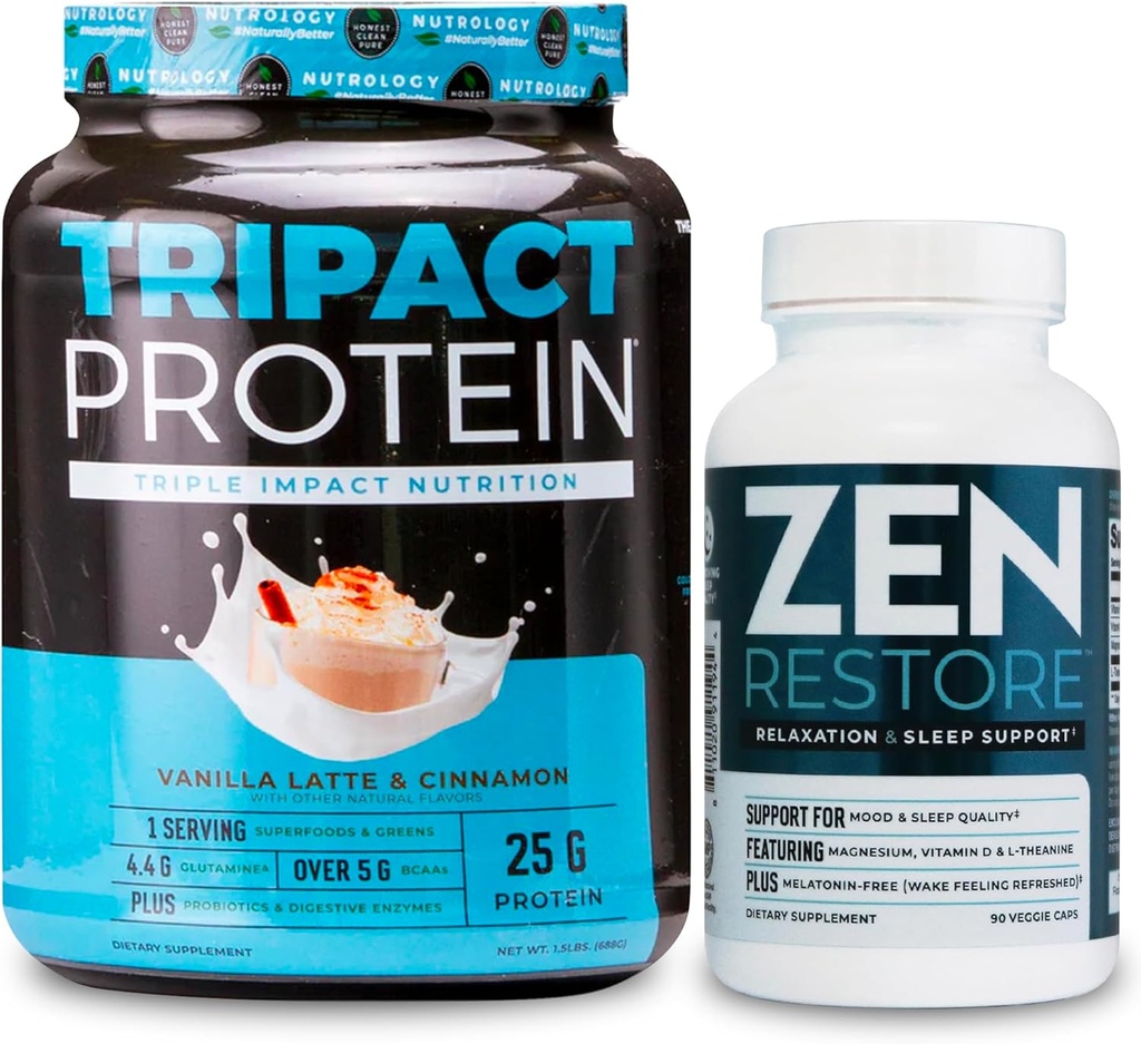 Nutrology TRIPACT Protein Powder, 7-in-1 Meal Replacement Shake, Vanilla Latte Cinnamon Flavor (20 Servings) Zen Natural Magnesium Supplement (30 Servings)