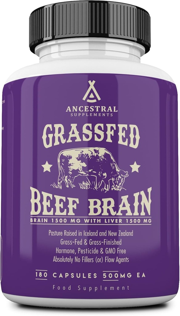 Ancestral Supplements Grass Fed Beef Brain Supplement with Beef Liver, Whole Food Brain Support Promotes Brain, Mood, and Memory Health, Brain and Liver Health Formula Capsules, Non-GMO, 180 Capsules