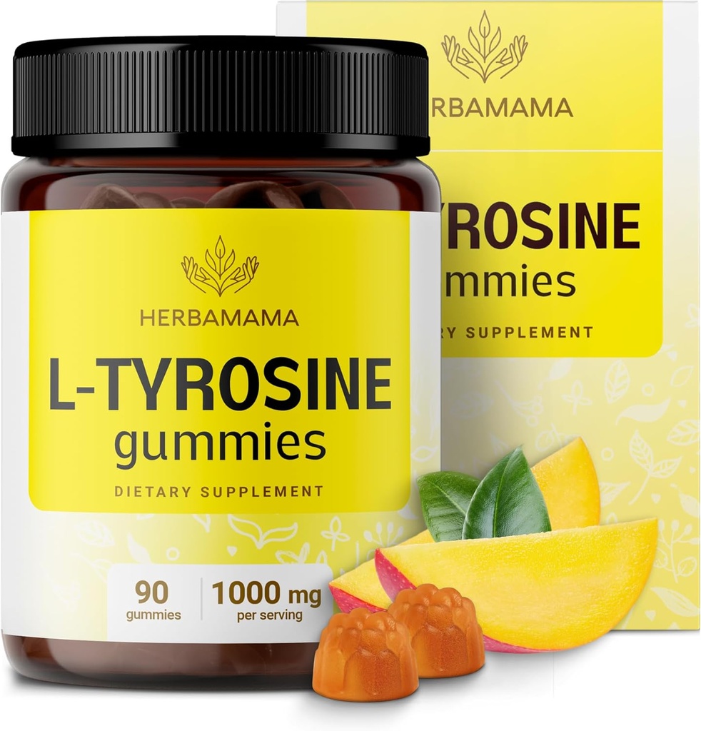 HERBAMAMA L-チロシングミー - 1000mg L-チロシン for 脳クラリティサポート - ビーガン、非GMOエネルギーとフォーカスサプリメント - 90ペクチンベースのマンゴー風味咀嚼