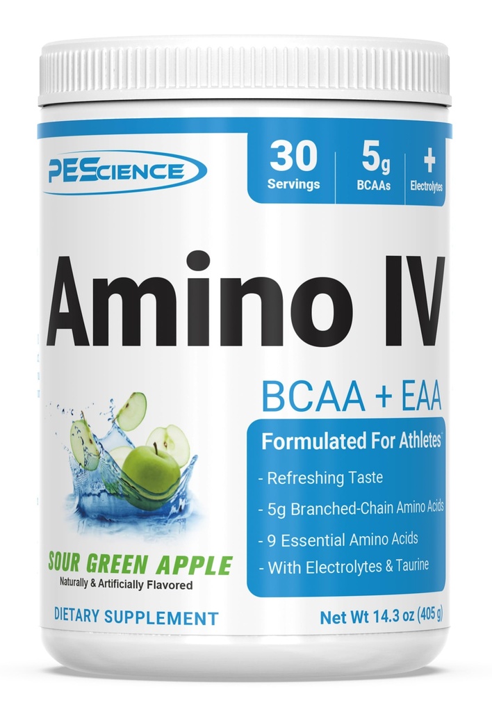 PEScience Amino IV BCAA & EAAパウダー, エッセンシャル アミノ酸, タウリン, 加水と筋肉の回復のための電解質, 男性と女性のための砂糖無料, ポストワークアウト - サワーグリーンアップル - 30 サービング