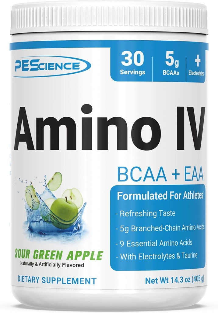 PEScience Amino IV BCAA & EAAパウダー, エッセンシャル アミノ酸, タウリン, 加水と筋肉の回復のための電解質, 男性と女性のための砂糖無料, ポストワークアウト - サワーグリーンアップル - 30 サービング