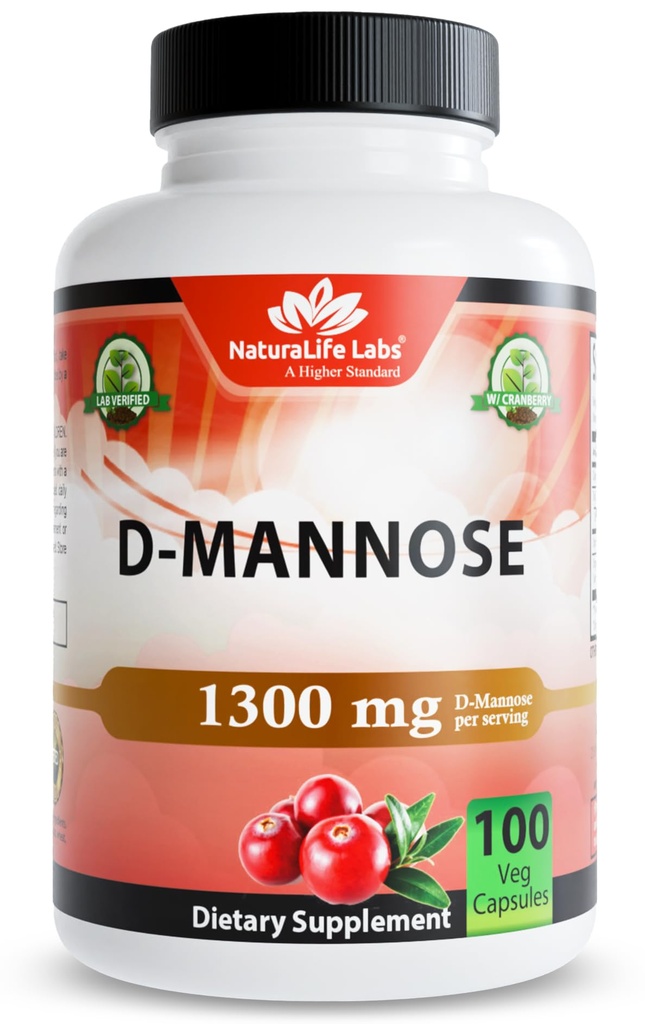 NaturaLife Labs Organic D-Mannose 1300 mg with Organic Cranberry Extract 100 mg / サービングあたり – 100 カプセル – 非GMO、グルテンフリー、ビーガン