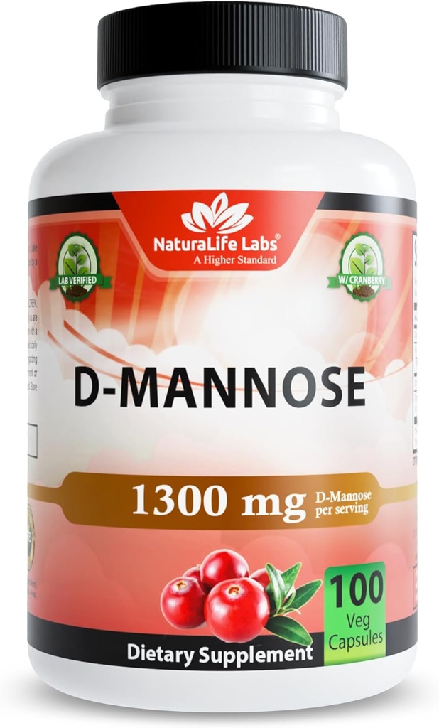 NaturaLife Labs Organic D-Mannose 1300 mg with Organic Cranberry Extract 100 mg per Serving – 100 Capsules – Non-GMO, Gluten-Free, Vegan