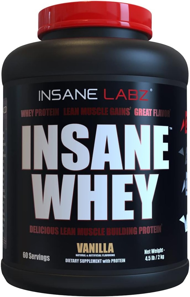 Insane Labz Insane Whey、100%の筋肉建物のWhey蛋白質、ポストのワークアウト、BCAAのアミノ酸のプロフィール、大量生産の利益、食事の取り替え、5lbs、60のSrvgs、(Vanilla)