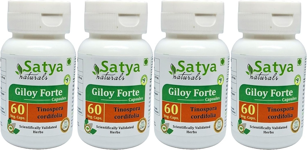 Giloy Forte カプセル 500 mg. 60 Veg. カプセル | Guduchi (Tinospora Cordifolia) 男性と女性のための抽出カプセル | インドのアーユルヴェーダハーブサプリメント/救済 (4 ボトル 60 カプセル)