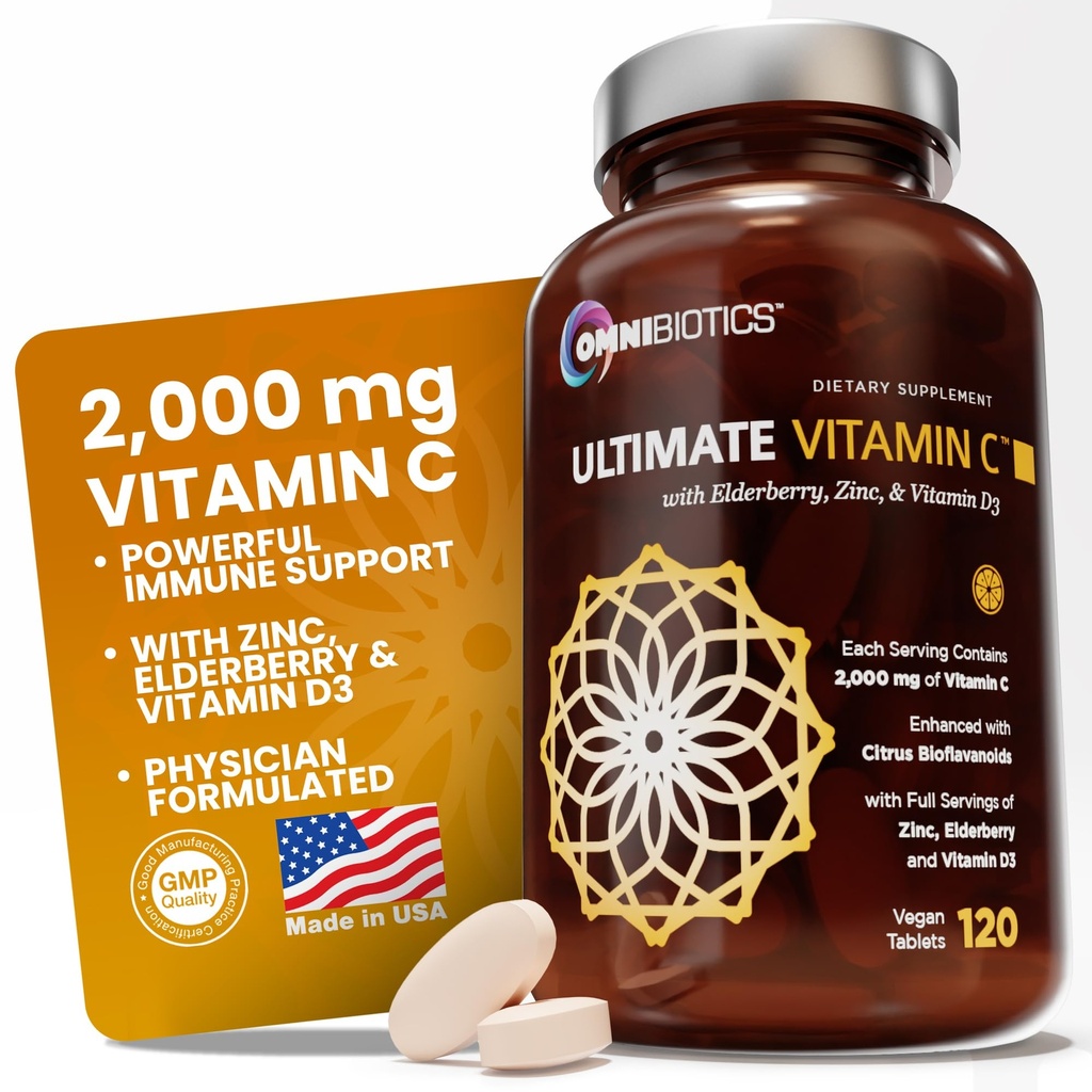 OmniBiotics究極のビタミンCサプリメント2000mg - 亜鉛、エルダーベリーエキス、およびD3 - 高効力免疫サポート&コラーゲンブースター - 120ビーガンタブレット