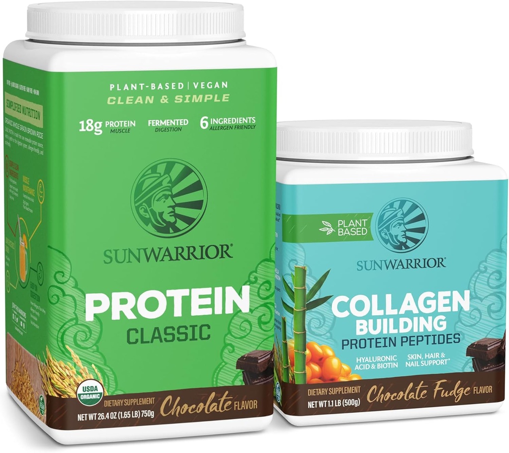 Sunwarrior Classic Vegan Protein Powder | Plant-Based 30 Servings, Chocolate & Collagen Building Powder Hyaluronic Acid | 20 Servings, Chocolate Flavored