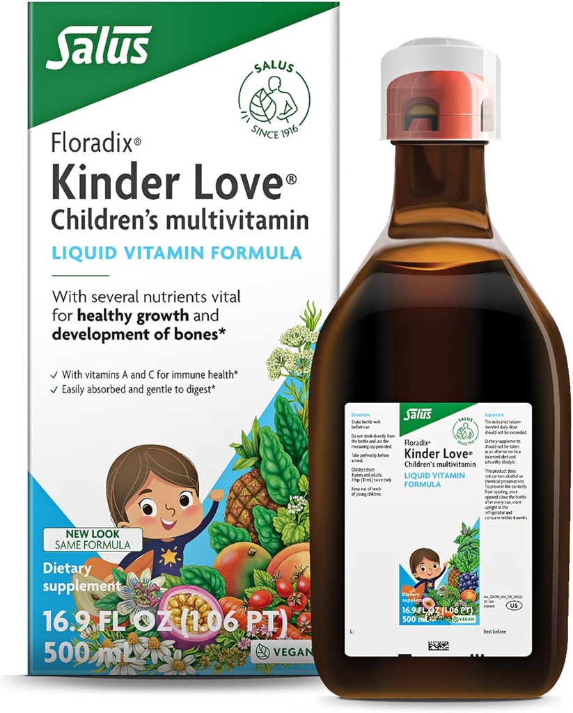 Floradix Kinder Love Children's Multivitamin - ハーブサプリメント - 子供のための液体マルチビタミン - ビタミンA、C、D&E、カルシウム&その他 - ベジタリアン、非GMO、グルテンフリー - 16.9 fl oz