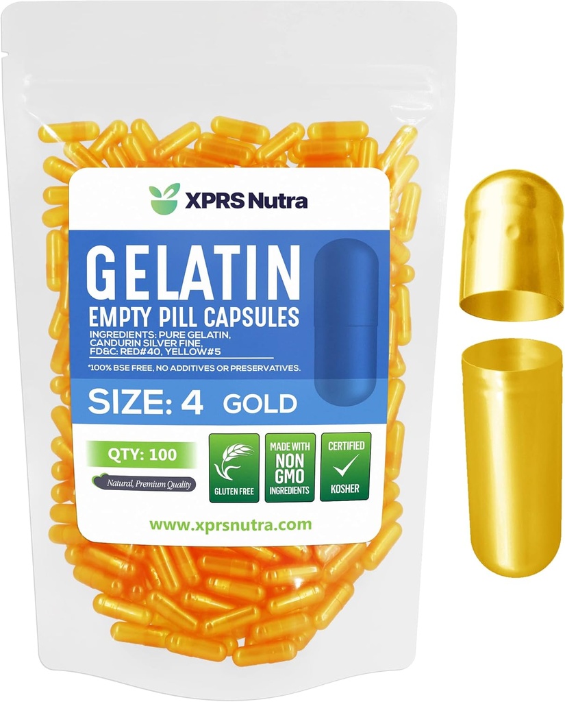 XPRSのNutraのサイズ4の空のカプセル-100の計算の小さい空のゼラチンのカプセル-Pills DIYのカプセルの詰物- Do-It-Yourselfの補足のための満たされた純粋な牛の丸薬のゲルの帽子(金)