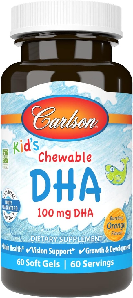 Carlson - Kid's Chewable DHA、100 mg DHA、脳&ビジョン機能、成長&開発、オレンジ、60 Chewable Softgels